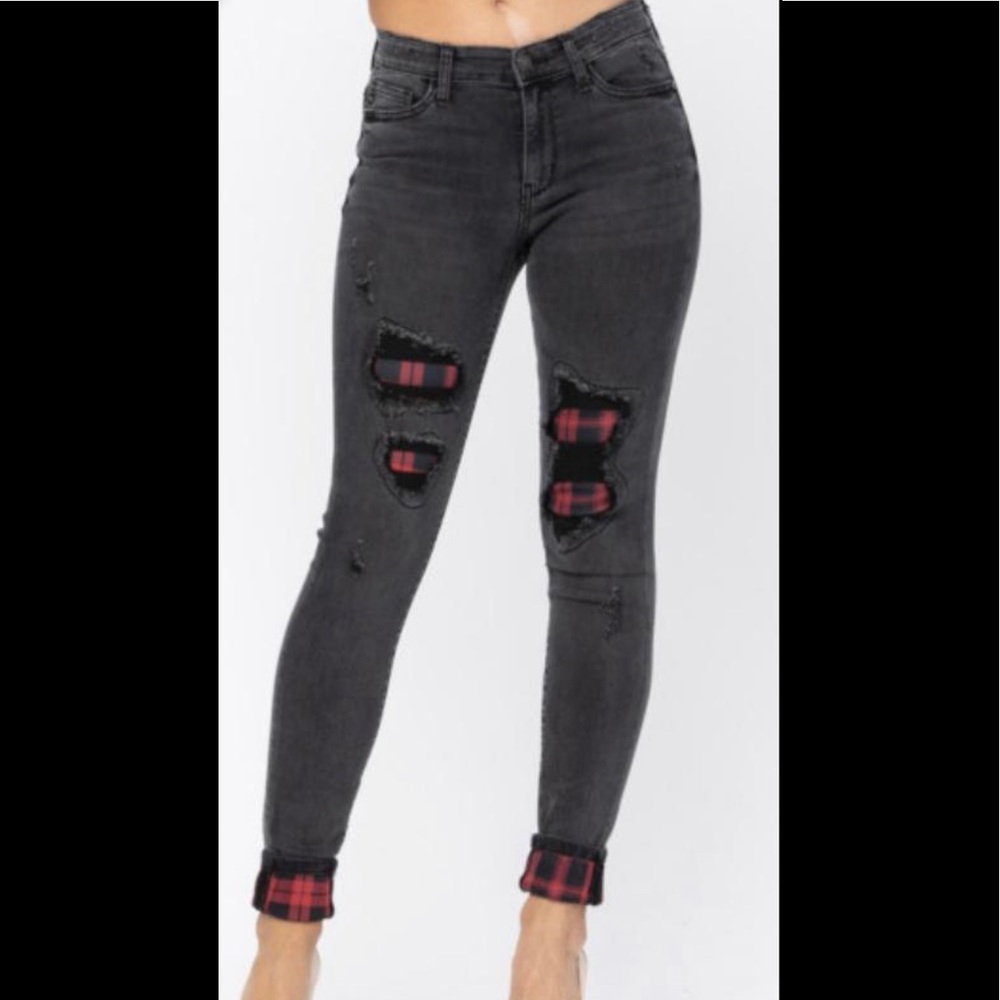 NWT Black Buffalo Plaid Patch Jeans